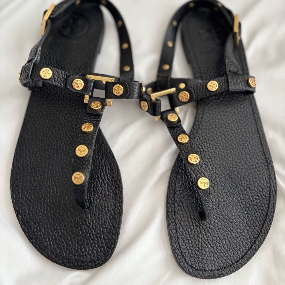 Tory Burch Black Leather Sandals with Gold Accents